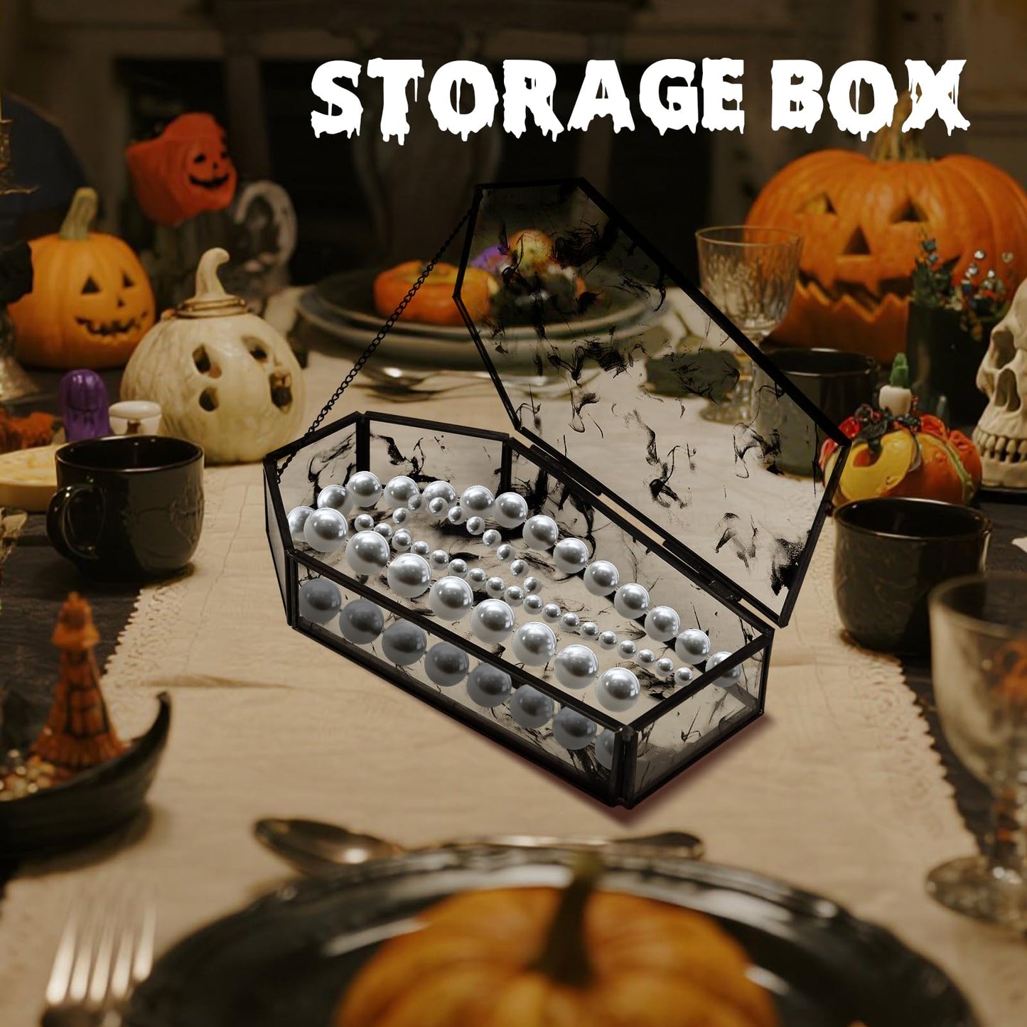 Afirst Halloween Glass Coffin Box with Lid, Halloween Candy Bowl, Vintage Gothic Storage, Jewelry Holder, Metal Frame