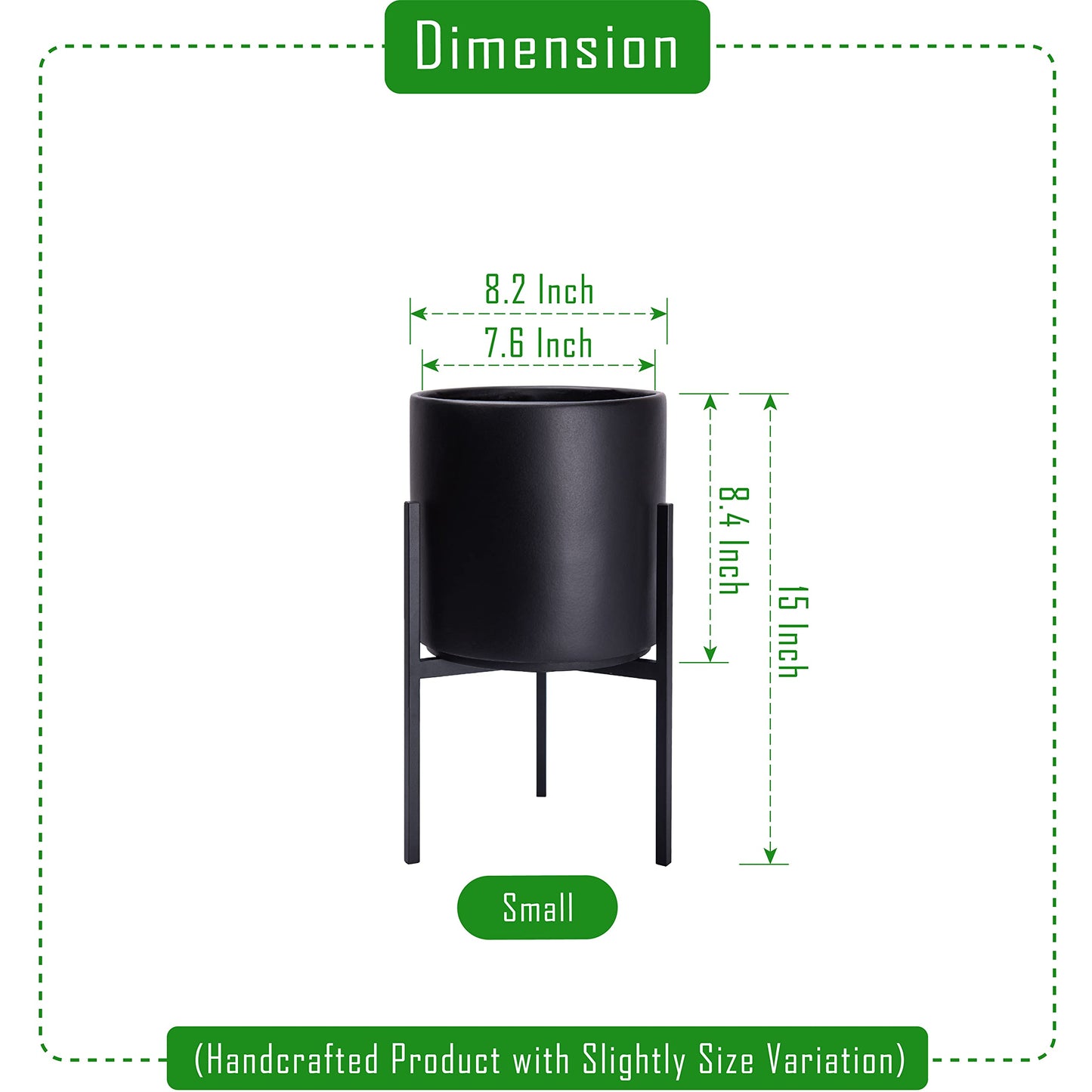D'vine Dev Modern Black Plants Pot Cylinder Planter with Heavy Duty Stand, Small 8 Inch Pot, 12.6 Inch with Stand Height, 96-T-B-1