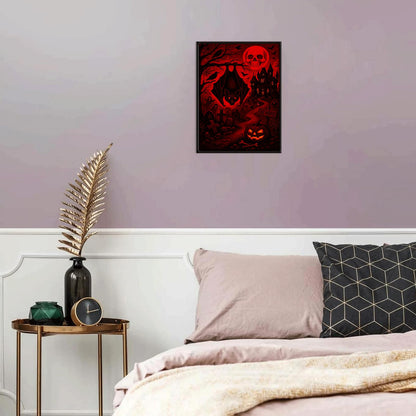 Halloween Gothic Framed Wall Art, 16x12 Vertical Black Frame, Haunted Castle Skull Moon Bat Graveyard Ink Print for Spooky Home Decor
