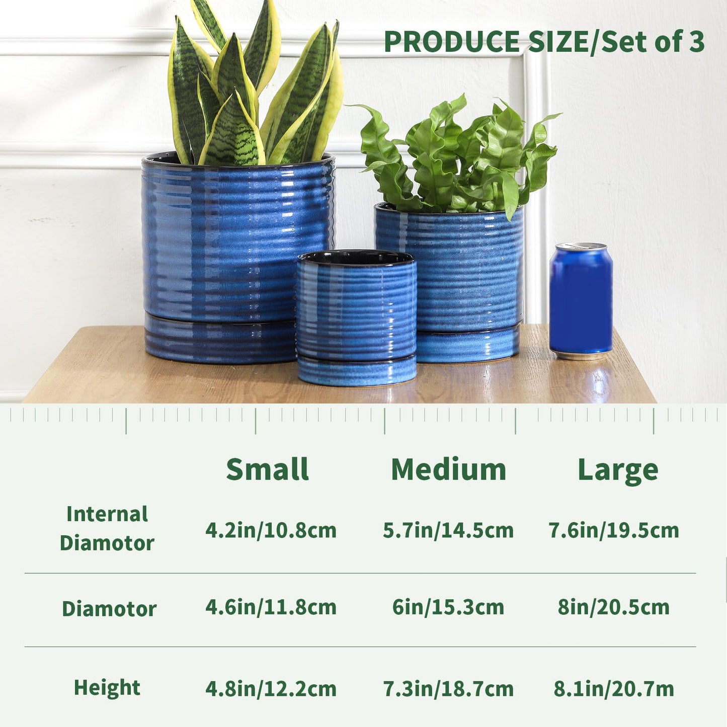 HASENSE 3 Piece Ceramic Plant Pots, 8/6/4.6 Inch, Indoor Pot for Plants with Drainage Holes and Saucer, Modern Flower Planter for Home Office, Rective Glaze Blue