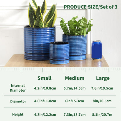 HASENSE 3 Piece Ceramic Plant Pots, 8/6/4.6 Inch, Indoor Pot for Plants with Drainage Holes and Saucer, Modern Flower Planter for Home Office, Rective Glaze Blue