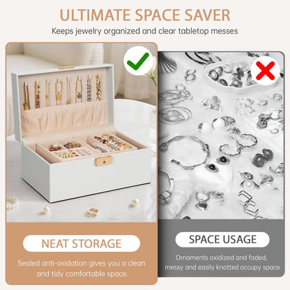 AKOZLIN Travel Jewelry Box Organizer Functional 2-trays Leather Jewelry Storage Case with Lockable Portable for Women Girls Ring Necklace Earring Bracelet