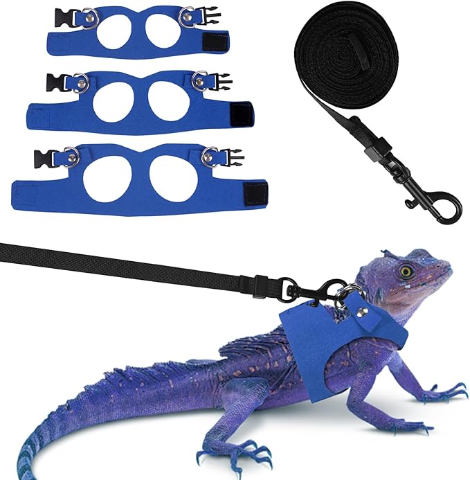 Bearded Dragon Harness Leash Set 3 Size Adjustable Lizards Training Walking Leather Vest Escape-Proof Traction Rope for Outdoor Small Reptiles Animal Squirrels (Blue)