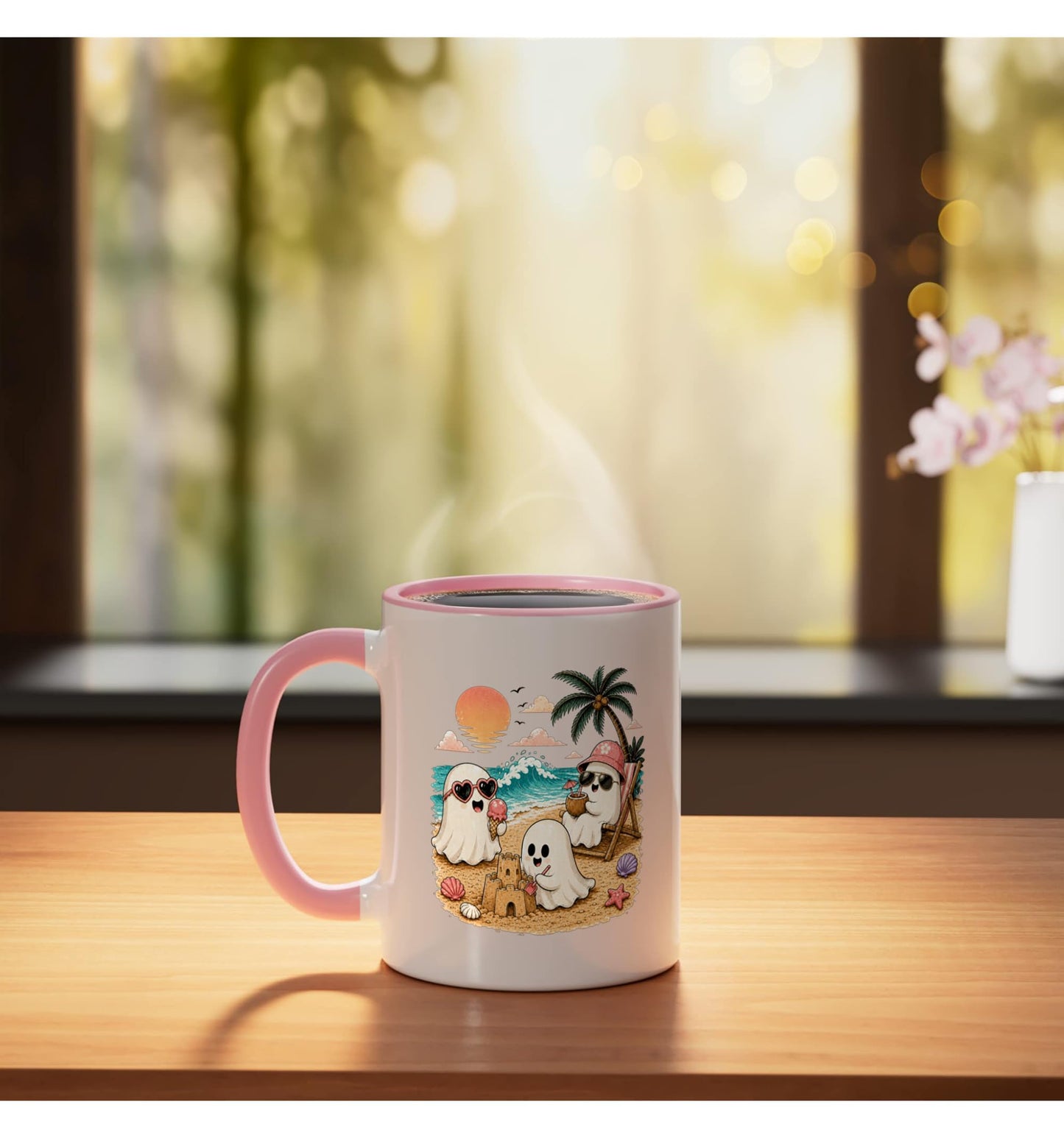 Summerween Ghost Beach Cute Ghosts Summer Halloween Ceramic Mug, Pink/White