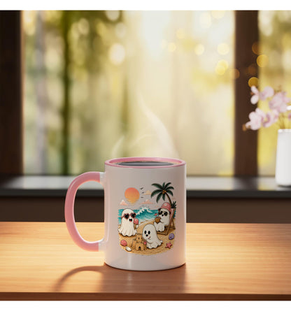 Summerween Ghost Beach Cute Ghosts Summer Halloween Ceramic Mug, Pink/White