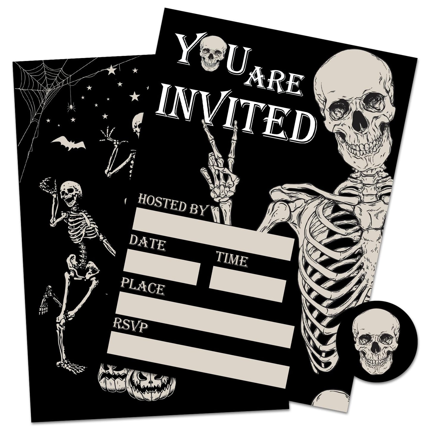 Whaline 25 Sets Halloween Invitations with Envelopes Stickers Black Dancing Skeleton Invitation Cards Blank Invites for Birthday Party Supplies, 5 x 7 Inch