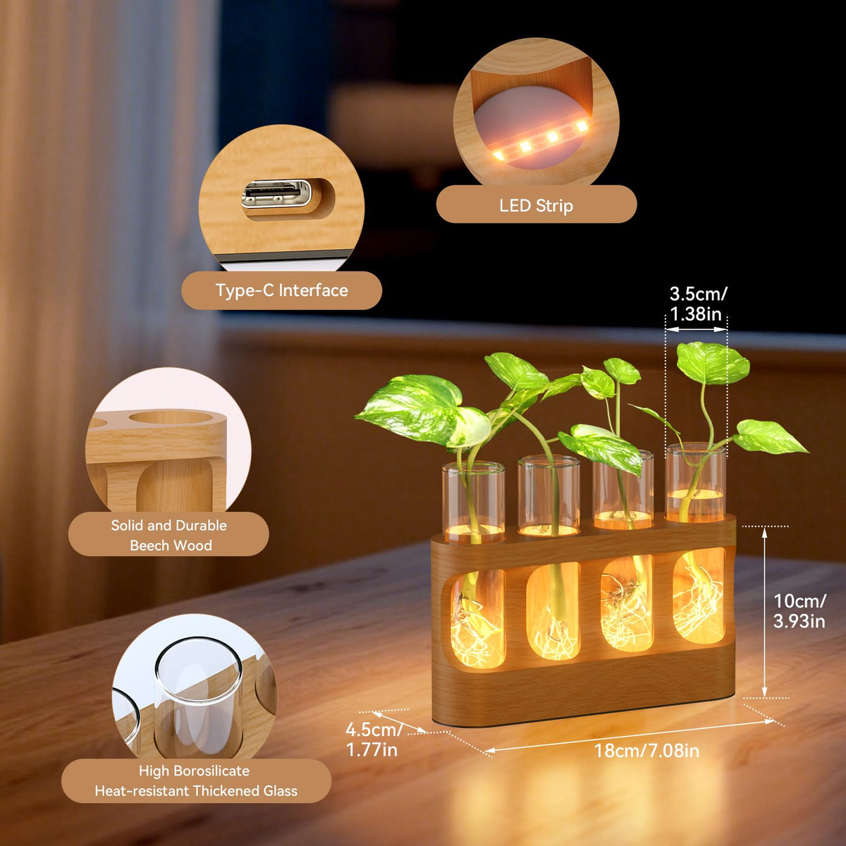 Plant Propagation Station with Wooden Stand, Gardening Gifts for Mom Women Plant Lovers, 9-Level Dimmable LED Light 4 Glass Test Tubes Vases for Hydroponic Plants - Desktop Terrarium for Desk Decor