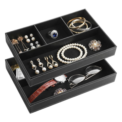 kenaeooe 2-Piece Faux Leather Valet Tray Set, Drawer Storage Organizer Divider for Desk, Nightstand, Jewelry, Keys, Wallet, Sunglasses, Phone, Watch - Black