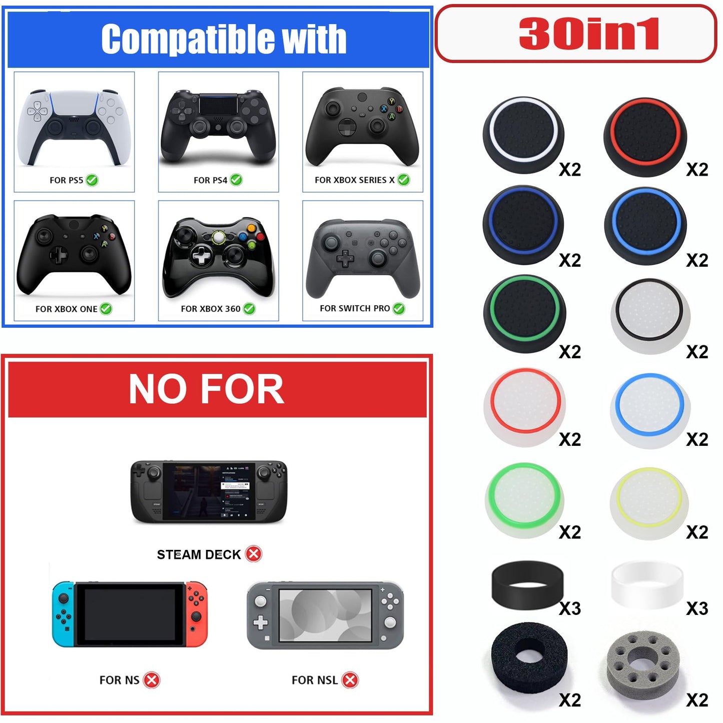 ZHI-NYLLDJS Controller Thumb Grips for PS5/4,Controller Thumb Caps for Xbox,Joystick Stick Grips for Switch Pro Controller,Precision Rings&Thumb Grips Set(30pcs)(Black&White) A&B&C
