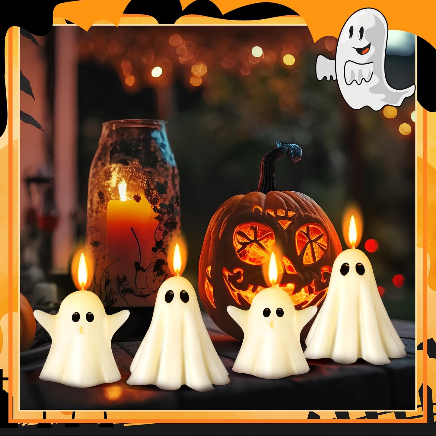 Conelist 6 Pieces Halloween Large Ghost Candles White Spooky Scented Halloween Candles Horror Gifts Candle Tea Lights Goth Room Decor for Summer Dining Table Party Bedroom(Cute Style,White)