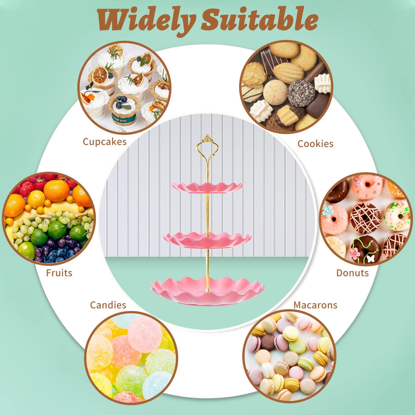 3 Tier Cupcake Stand Holder, BACUTHY Plastic Cup Cake Stand Tower with Tiered Serving Tray for Cupcakes, Donuts, Fruits and More, Pink