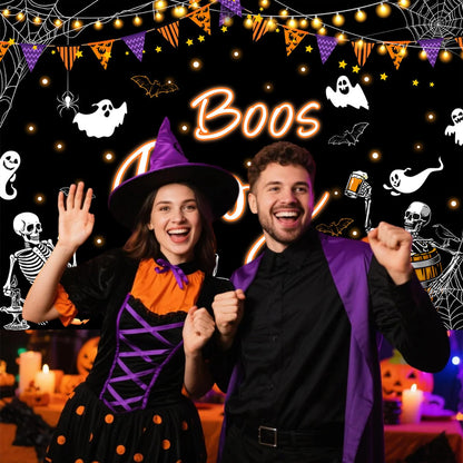Mocsicka Halloween Boos and Booze Backdrop Skeleton Halloween Banner for Adult Cocktails Party Background for Photography Ghost Spooky Party Supplies (Black, 7x5ft(82"x60"))