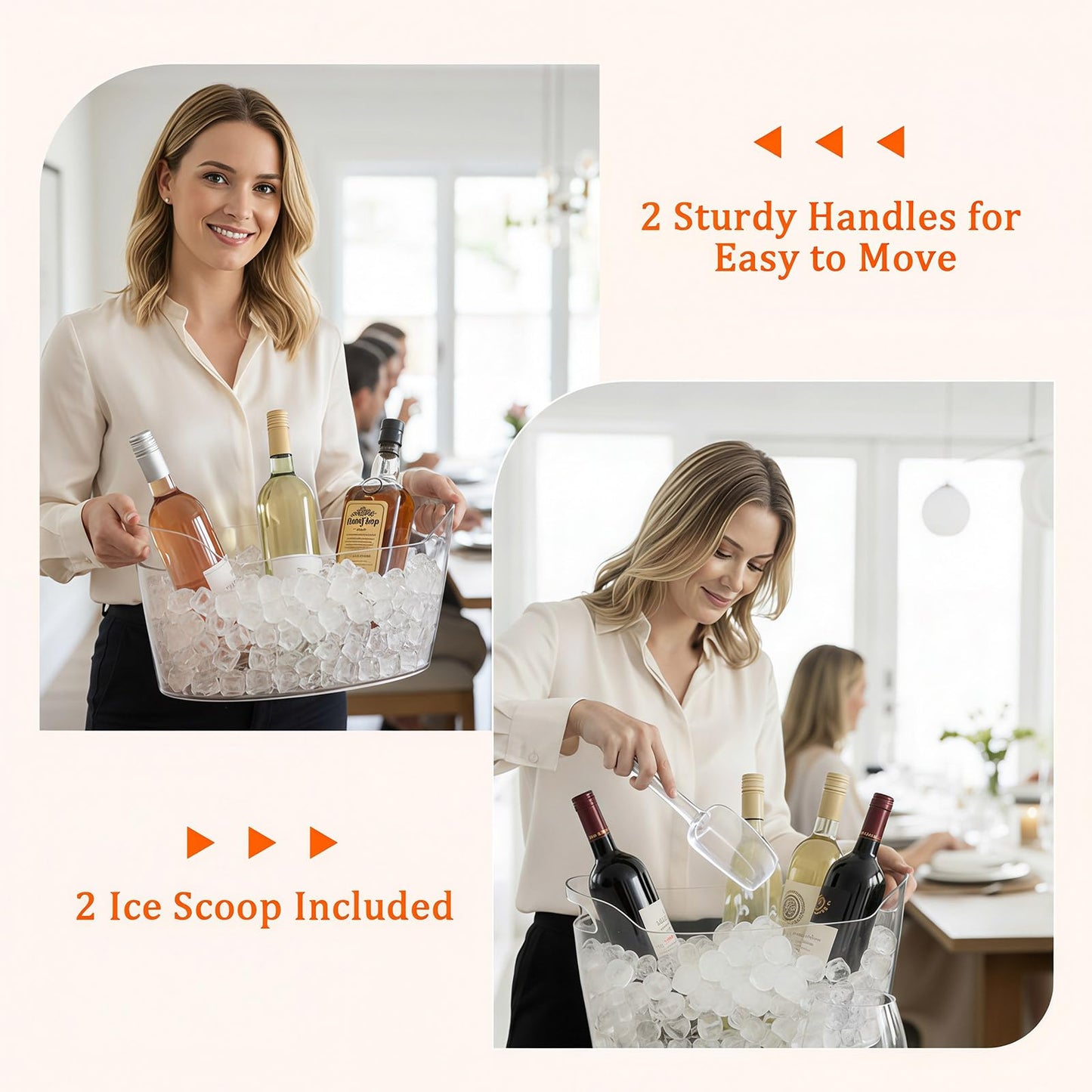 6.5L Ice Bucket 2 Pack Ice Buckets for Parties, Beverage Tub for Cocktail Bar with Handle, Drink Cooler for Wine Beer Champagne, Clear Ice Bucket with Scoop for Mimosa Bar Drink Chiller