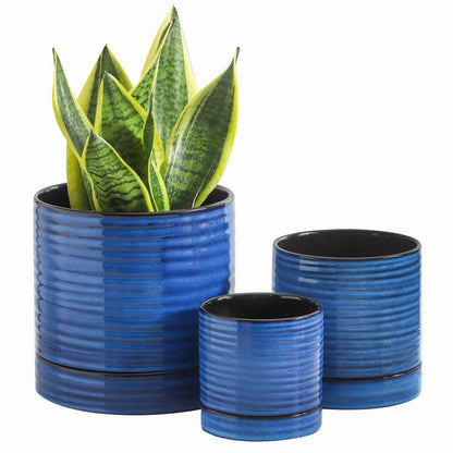 HASENSE 3 Piece Ceramic Plant Pots, 8/6/4.6 Inch, Indoor Pot for Plants with Drainage Holes and Saucer, Modern Flower Planter for Home Office, Rective Glaze Blue