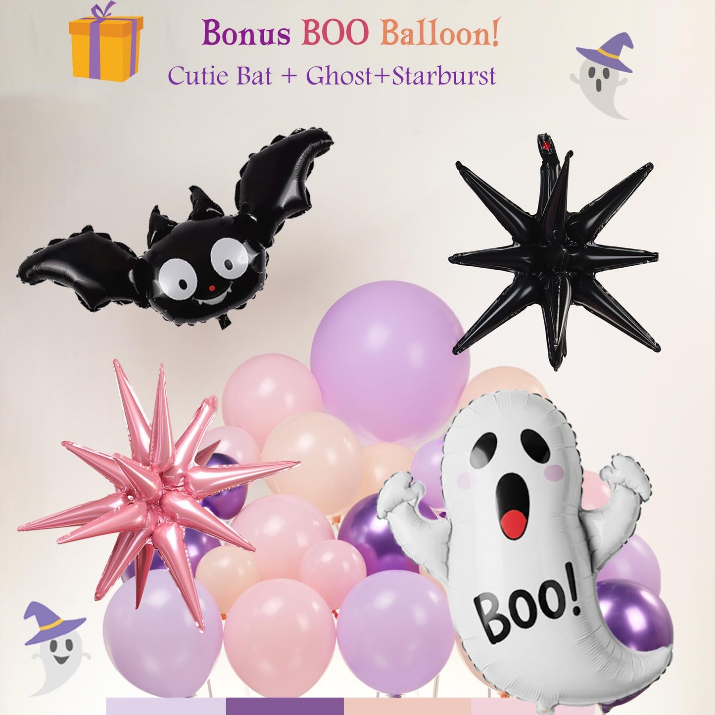 Pastel Halloween Birthday Balloon Garland arch Kit 130 Pcs Purple Pink Orange Balloons + Bat Ghost Mylar Balloons for Spooky Halloween Arch Booday Summerween birthday Party Decorations