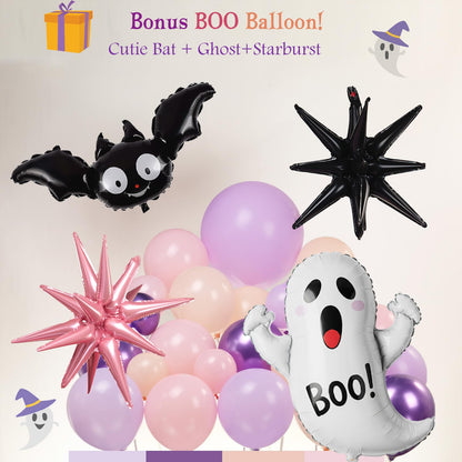Pastel Halloween Birthday Balloon Garland arch Kit 130 Pcs Purple Pink Orange Balloons + Bat Ghost Mylar Balloons for Spooky Halloween Arch Booday Summerween birthday Party Decorations