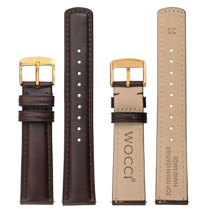 WOCCI 20mm Watch Band for Men and Women, Genuine Leather - Top Grain Leather, Quick Release Strap, Golden Buckle (Dark Brown)