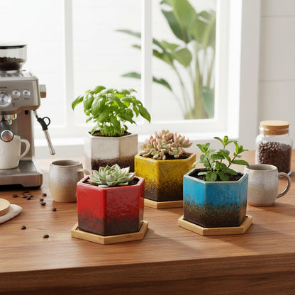 TOPZEA Set of 5 Succulent Planter Pots, 4.2 Inch Hexagon Glazed Ceramic Small Cactus Pot, Geometric Mini Flower Plant Container with Drainage Hole & Bamboo Tray for Home, Office, Windowsill, Desk