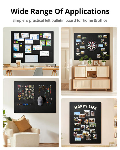 Woovio Bulletin Board, 48 x 36 inches Cork Board Alternative, 12 Pack 12"X12"X0.4" Felt Pin Boards for Walls Home Office Decor, Classroom with 60 Adhesive Tabs Black