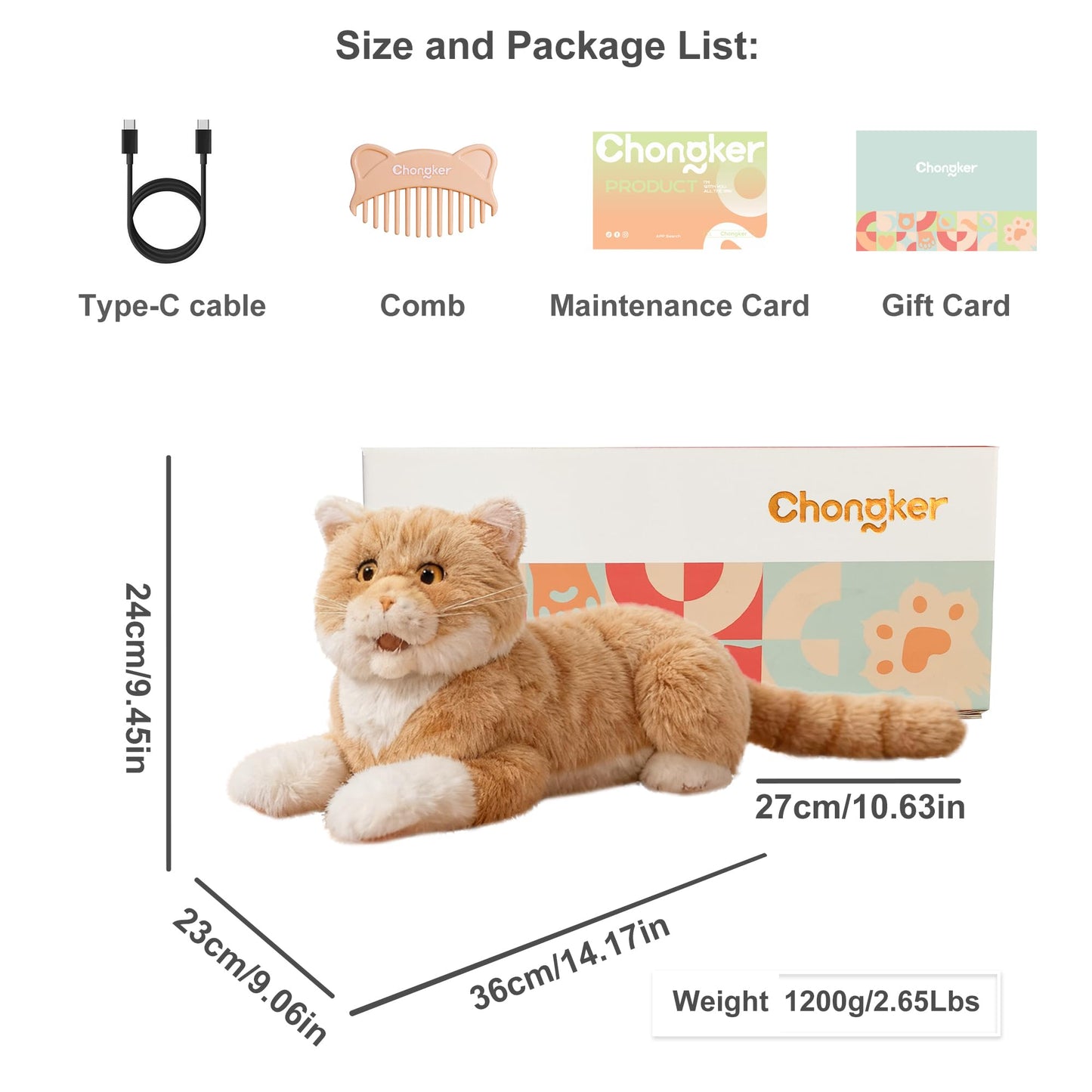 Chongker 24.8" Interactive Robot Cat Plush Realistic Stuffed Animals, Companion Robotic Cat with Meow Purring Heartbeat, Eye Mouth Ear Movement, Kitten Electronic Kitty Toy for Seniors