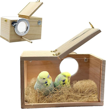 Parakeet Nesting Box, 7.87 X 4.72 X 4.72 inch Transparent Bird Nest Breeding Box with Perch Parrot Mating Box Wood Bird House Aviary for cage (S Horizontal Transparent+Wood)