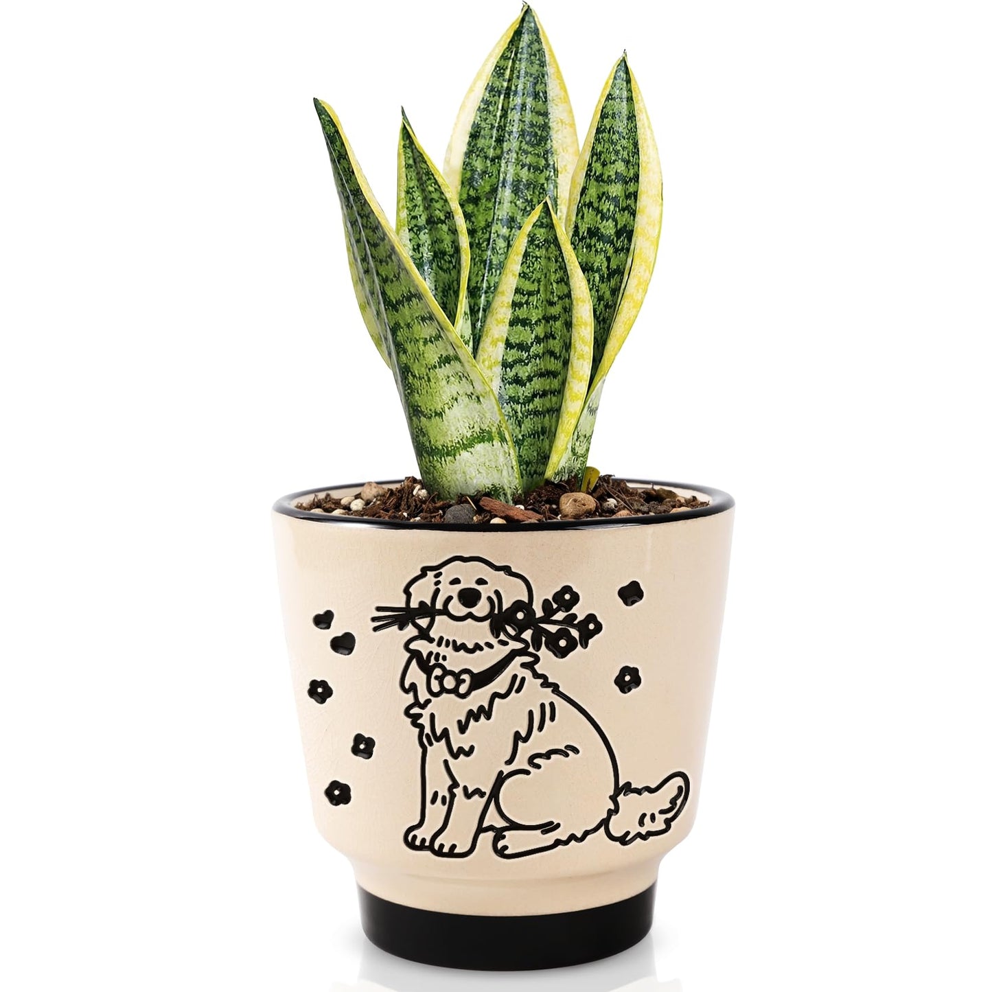 STHIE 5 inch Ceramic Plant Pot, Round Planters for Indoor Plants with Drainage Hole, Ice Crack Decorative Flower Pot, Cute Planters for Snake Plant (Flower Dog)