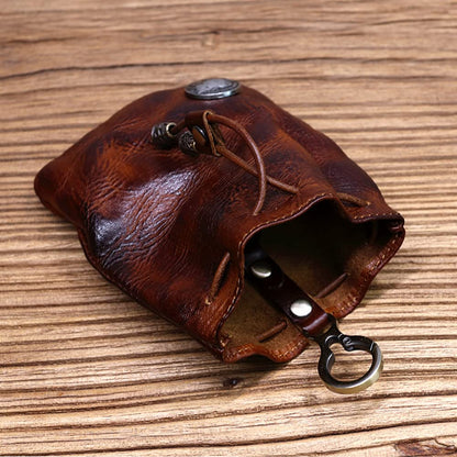 Wugebud 1 Pcs Leather Mini Medieval Pouch Keychain, Coin Organizer, Change Holder, Leather Drawstring Pouch for Men & Women