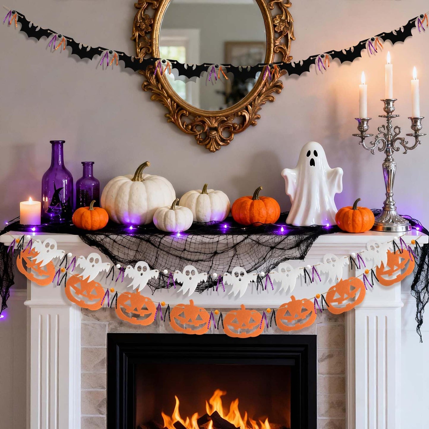 FuSenYuan Halloween Felt Garland Set of 3 (Pre-Strung) Ghost Bat Pumpkin Garland with Wooden Beads and Ribbons Felt Halloween Hanging Garland Banner for Party Mantle Home Wall Decor