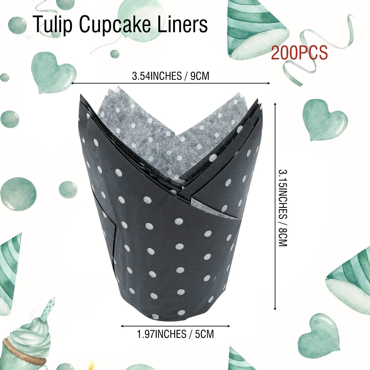 200 Pcs Polka Dot Tulip Cupcake Liners Black Greaseproof Muffin Baking Liners Tulip Cupcake Wrappers for Bridal Baby Shower Wedding Birthday Party Christmas Decor