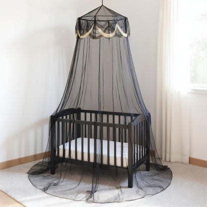 emopaw Black Bed Canopy with Fairy Lihgts, Mosquito Netting Canopy Bed Curtains for Twin to Queen Size Bed, Indoor Decor Bedroom Reading Nook Halloween Decoration