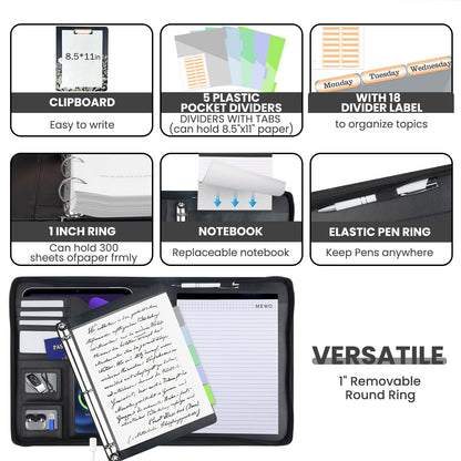 KLLVE Clipboard with Storage for Men Women, Leather Padfolio Portfolio with Zipper, 1 Inch 3 Ring Binder 5 Dividers, Notepad for Letter Size, Elastic Closure and Pen Loop, Card Slot Black