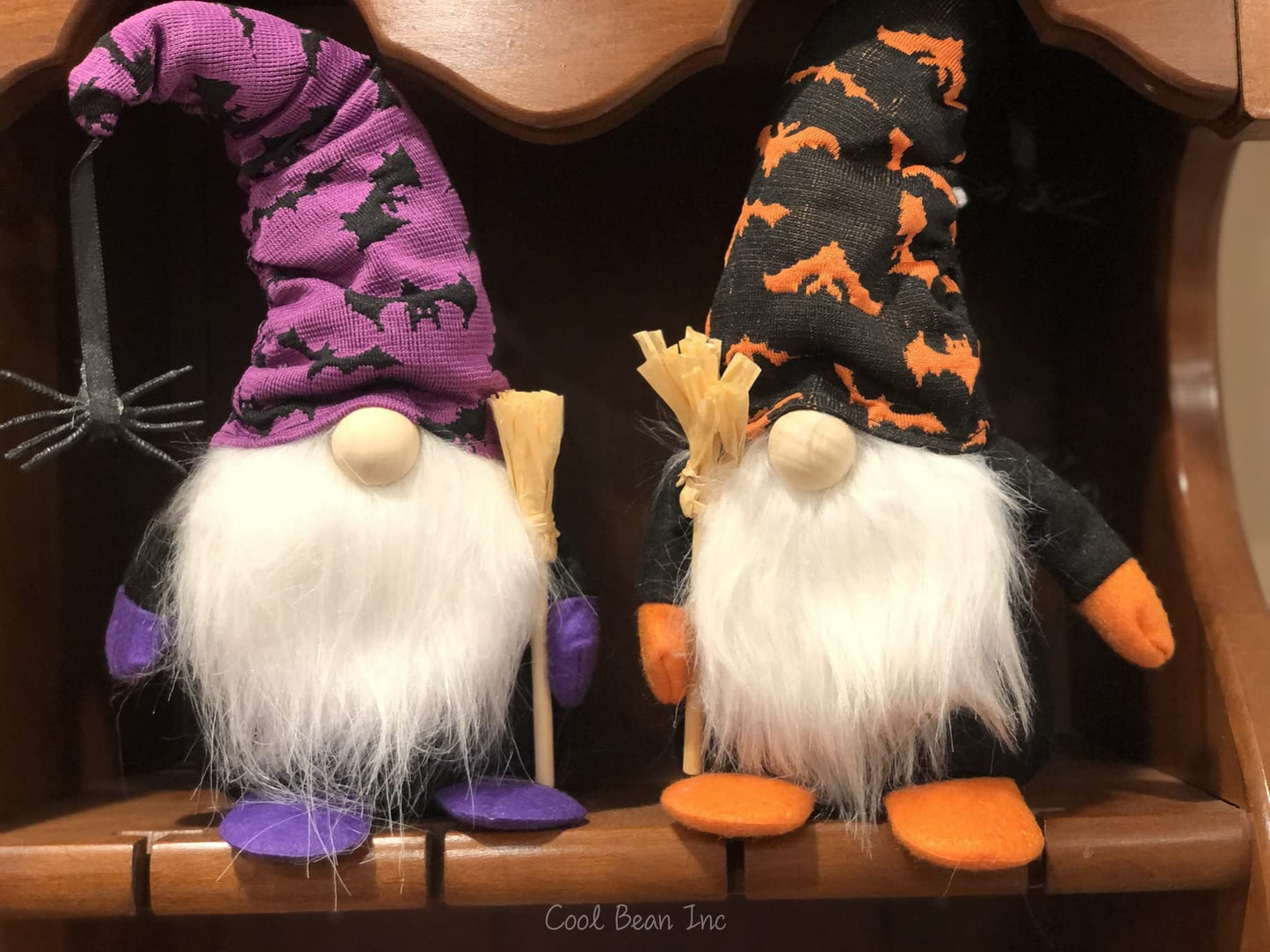 Halloween Gnome 2-Pack – Handmade Orange & Purple Figures with Wooden Broom – 10 Inch Tall Funny Halloween Decoration for Home by Cool Bean Inc