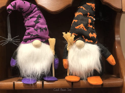 Halloween Gnome 2-Pack – Handmade Orange & Purple Figures with Wooden Broom – 10 Inch Tall Funny Halloween Decoration for Home by Cool Bean Inc