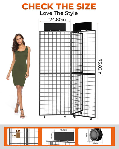 DEMEGA 360° Foldable Grid Wall Panel, Three 6' x 4.25' Ft Double Side Gridwall Display Stand with Notice board, Heavy Duty Sturdy Floorstanding Wire Grid Rack, Movable Wheel for Retail Art Craft Fairs