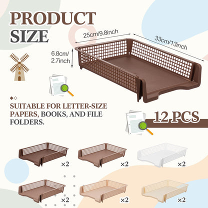 Geetery Set of 12 Plastic Trays for Teachers Turn in Trays Classroom Stackable Paper Tray Plastic Classroom Teachers Desk Letter Organizer Storage Baskets for Office, Desk, Home (Gradient Brown)