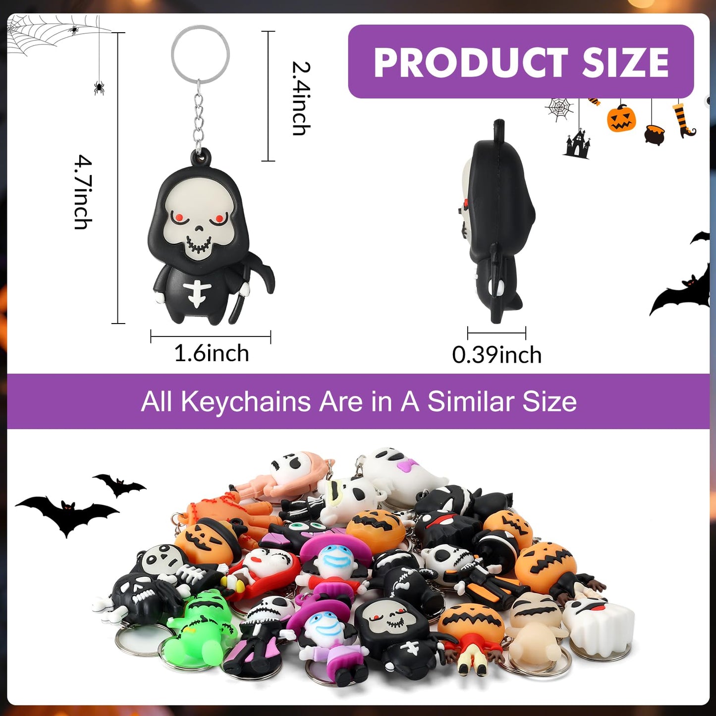 Becfupo 24 Pcs Halloween Cute Keychains Bulk, Ghost Pumpkin Bat Shaped Rubber Ornaments With Keyrings For Halloween Party Supplies, Classroom Giveaways