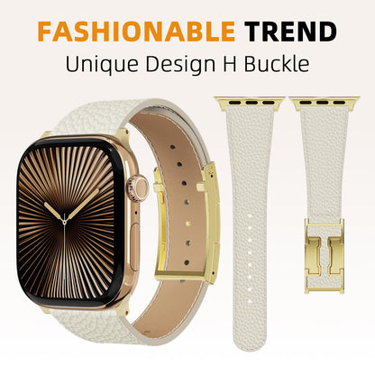 Leather Band Compatible with Apple Watch BandUltra 2 1 Series 10/9/8/7/6/5/4/SE,H-Shaped Buckle strap for iWatch 38/40/41/42/44/45/46/49mm Women Men (White Band + Gold H Buckle, 38mm 40mm 41mm 42mm)