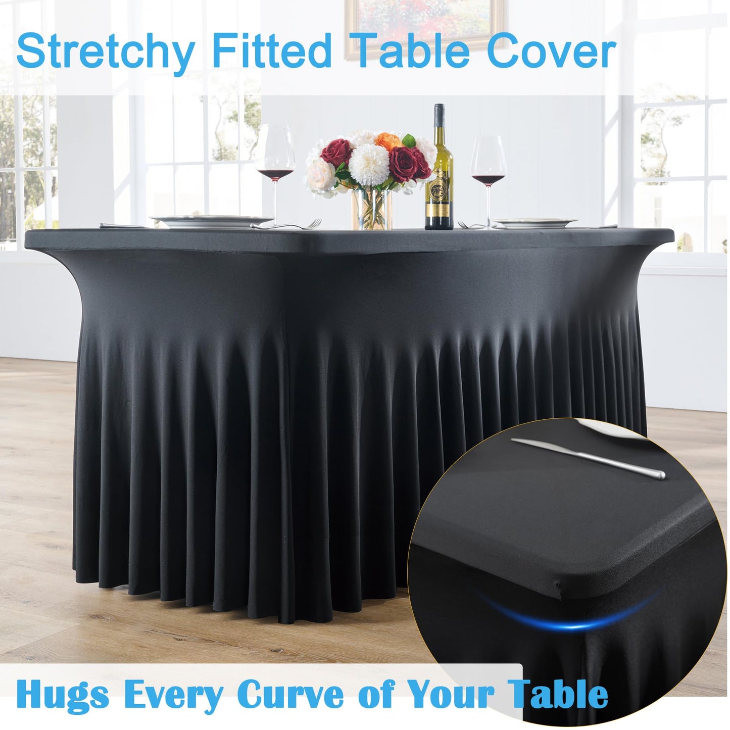CO-AVE 8pk Black Spandex Tablecloths for 8ft Rectangle Tables, Wrinkle Free Wavy Table Skirt Stretchy 8 Foot Fitted Table Cloth Covers for Weddings Birthday Halloween Party Events Banqute Baby Shower