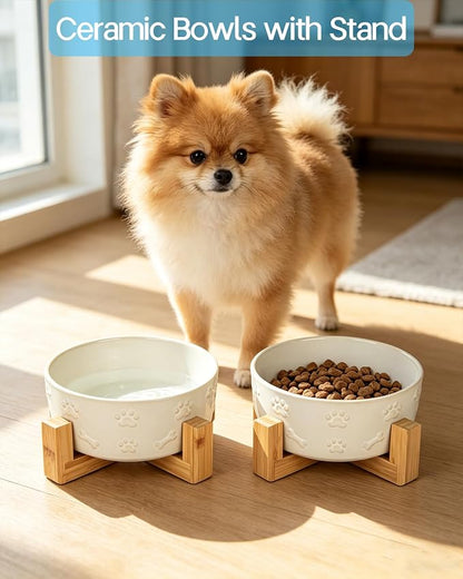 Small Dog Bowls with Stand, 5.5 inch Ceramic Dog Food Water Bowl Set for Small Dogs Puppy Cats Pet Feeding Dish, White with Cute Pattern