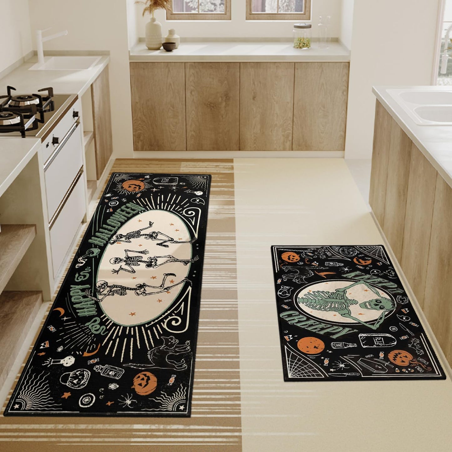 Faptoena Halloween Kitchen Mat Set of 2,Happy Halloween Skeleton Creepy Mats and Rugs Non Skid Washable for Kitchen Home Decor,Halloween Decorations and Accessories (17"x47"+17"x30")