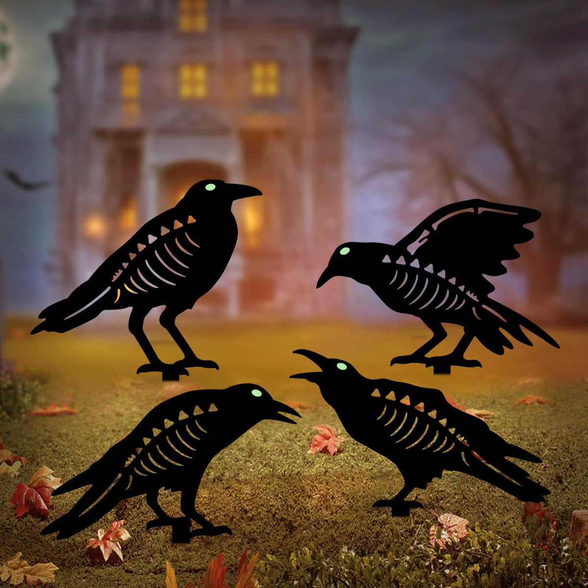 Hokfirm Halloween Black Crow Garden Stake Decor 4 Pack Scary Raven Silhouette Metal Yard Signs with Glow-in-The-Dark Eyes for Outdoor Halloween Decorations (Crow Black)