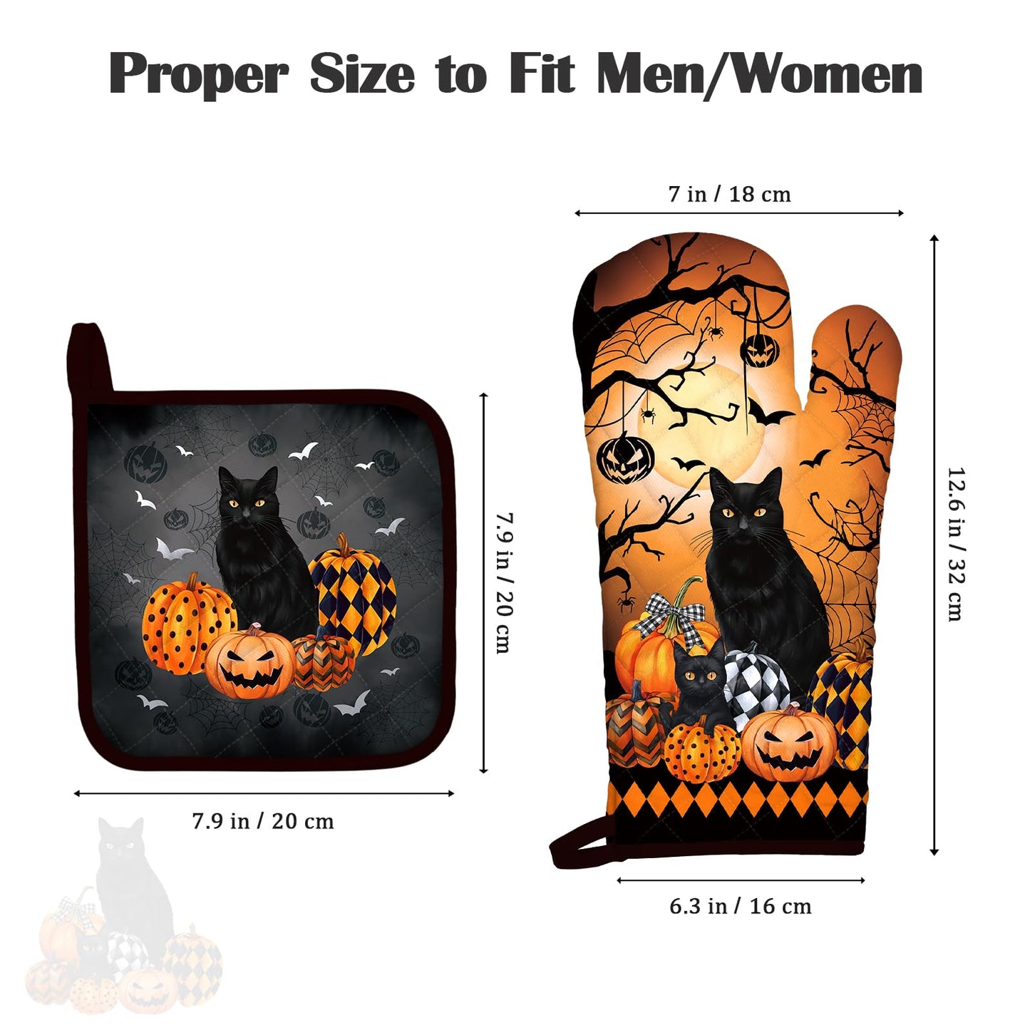 Arquiel Halloween Cat Oven Mitts and Pot Holders Sets 4Pcs, 100% Cotton Heat Resistant, Extra Long Oven Gloves Potholder for Kitchen Cooking Baking Decoration