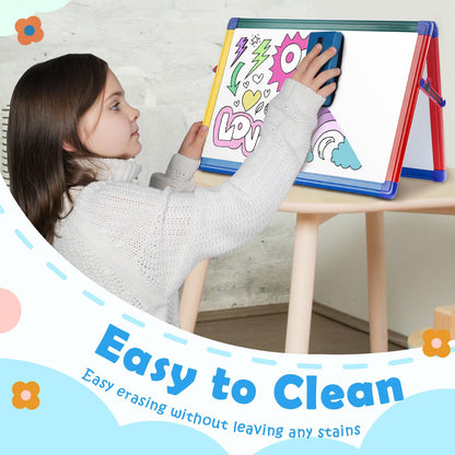 SWANCROWN Portable Dry Erase White Board for Kids, 16x12 inch Toddler Boy Girl Toys Magnetic Table top Whiteboard Small Double Sided Art Easel with 82Pcs Letter Magnets Magnetic Foldable Board