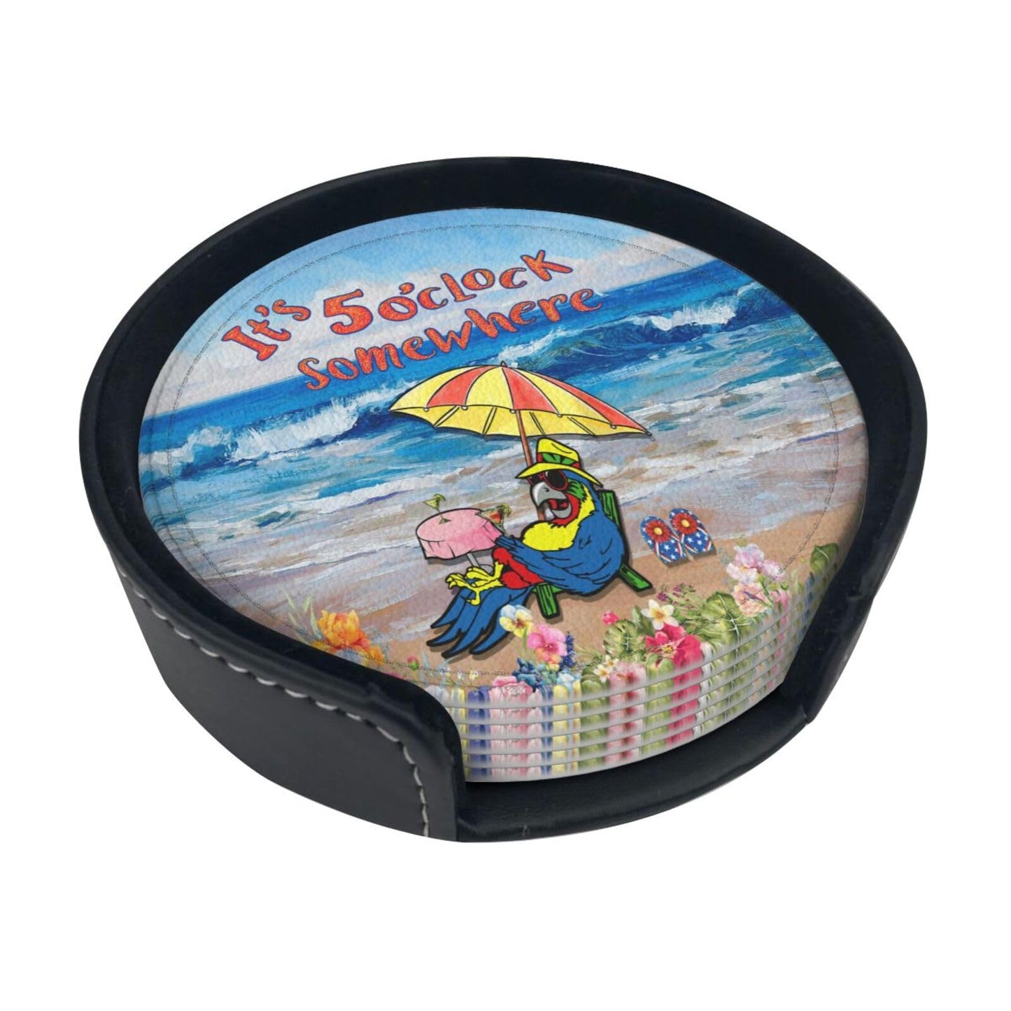 ItS 5 O'Clock Somewhere Parrot Drink Coasters Set of 6 Pack with Holder Able Cup Mat for Hot Cold Drink Non-Slip Housewarming Gifts