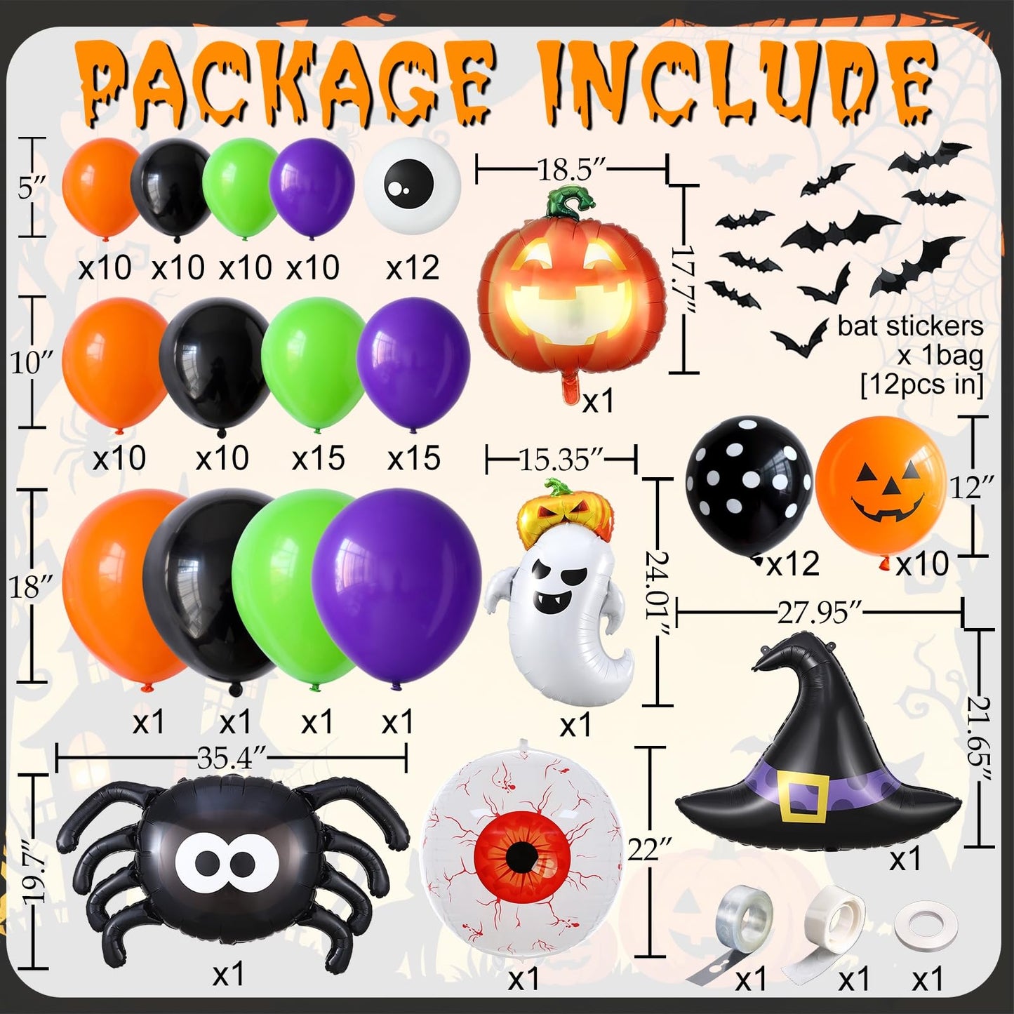 Halloween Balloon Arch Kit,137Pcs Orange Black Green Purple Balloon Garland with 3D Bat Stickers,Pumpkin,Witch Hat,Spider,Ghost,Eyeball Foil Balloons for Halloween Spooky Birthday Party Decorations