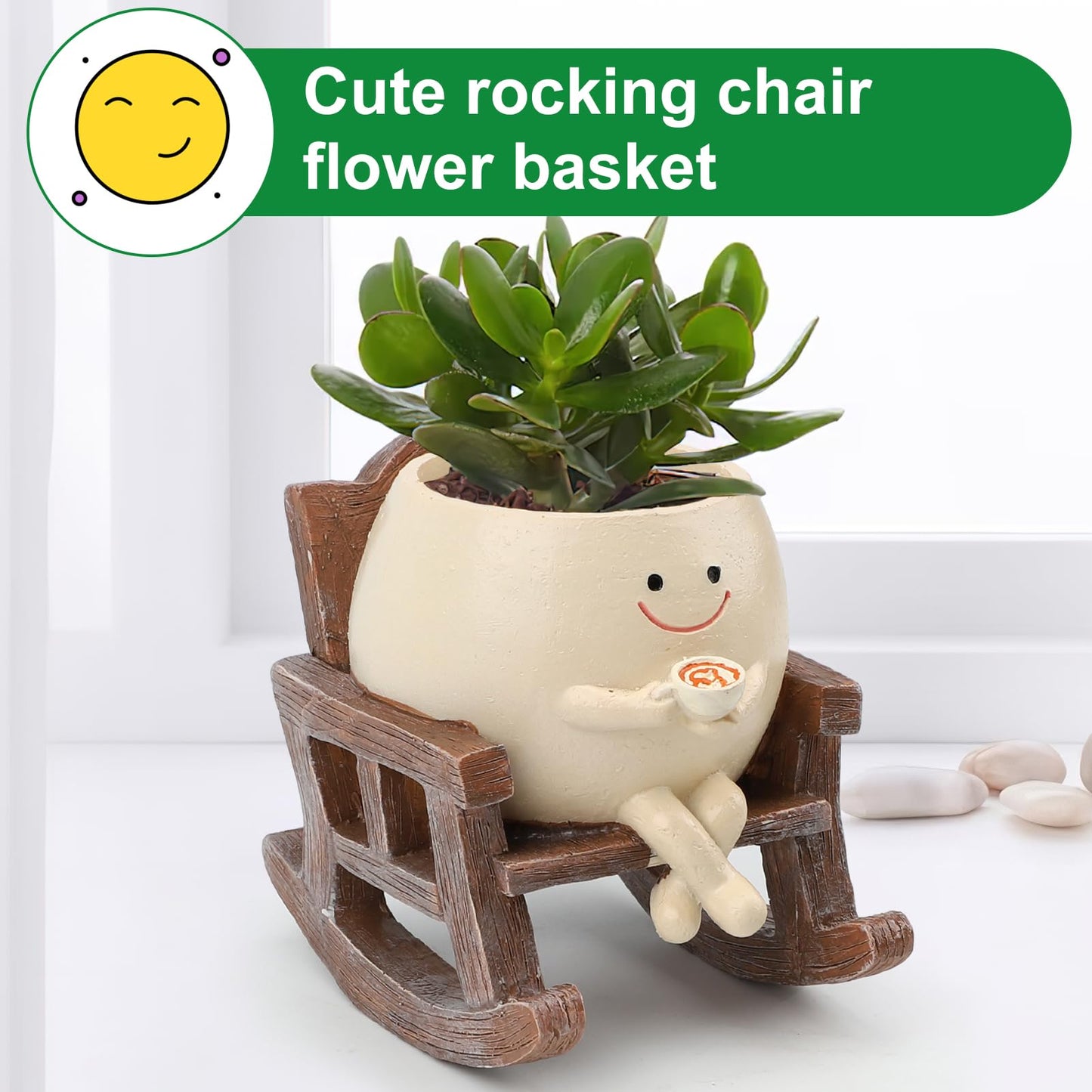 KIUGCO Smily Face Planter Pots for Indoor Plants, Cute Resin Flower Head Planters, Rocking Chair Succulent Flower Pots with Drainage Hole, Gift IdeaI for Birthday