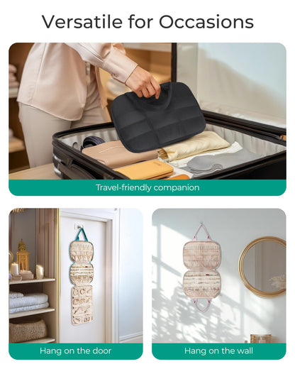 BAGSMART Jewelry Travel Case, Hanging Jewelry Organizer with Zipper Pockets, Large Capacity Puffy Jewelry Roll for Earrings, Necklaces, Rings on Closet, Wall, Door, Portable Travel Essentials, Black
