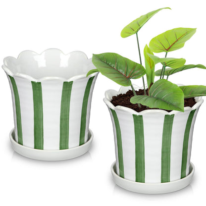 Nature Crafted Set of 2 Flower Planter, 5.8 inch Ceramic Plant Pots with Drainage Hole and Sauser, Stripe Ceramic Planters with Wavy Opening for Indoor Outdoor Home Gardening Desktop Windowsill