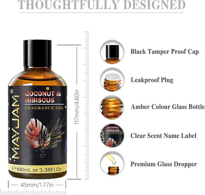 Coconut & Hibiscus Fragrance Oil Essential Oil, MAYJAM 3.38FL.OZ Coconut & Hibiscus Oil for Diffusers for Home, Long Lasting Scented Oils for Soap Candle Making - 100ML