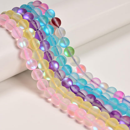 10mm Matte Yellow Mermaid Aurora Crystal Glass Bead, Glitter Round Synthetic Moonstone Beads for Jewelry Making Bracelets